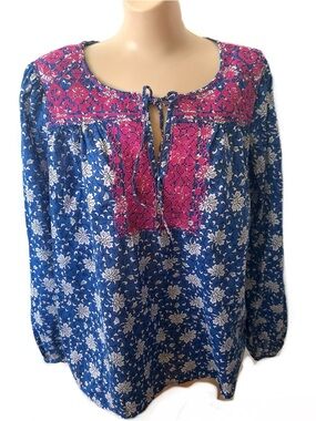 Loose Fitting J. Crew Boho Tunic Top Sz L Pink Embroidery Blue Floral Peasant